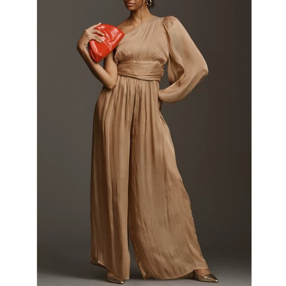 By Anthropologie One-Shoulder Metallic Jumpsuit Gold Size 4 - Picture 1 of 13